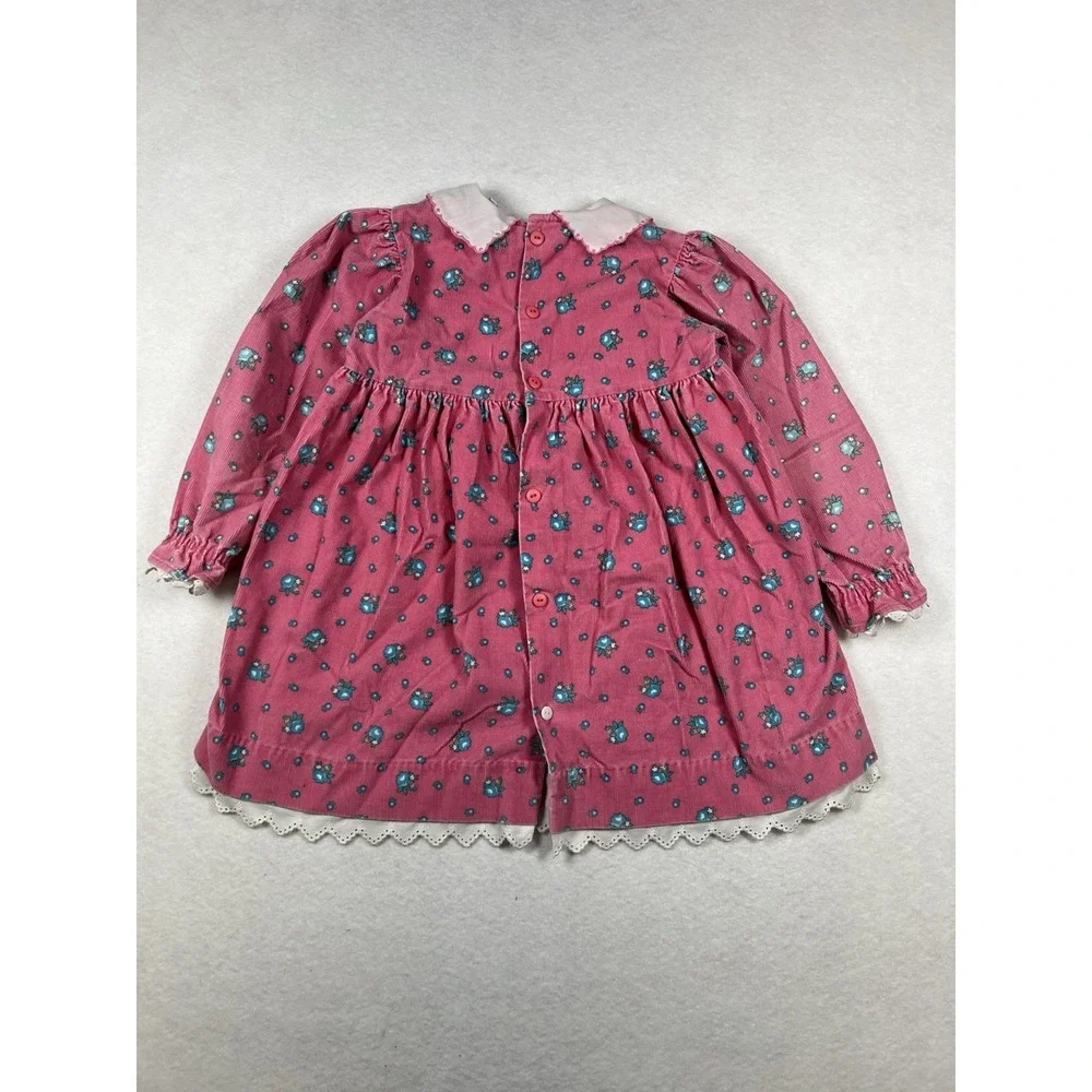 Vintage Oshkosh B'Gosh‎ Size 5 Pink Floral Corduroy Dress Eyelet Lace Trim